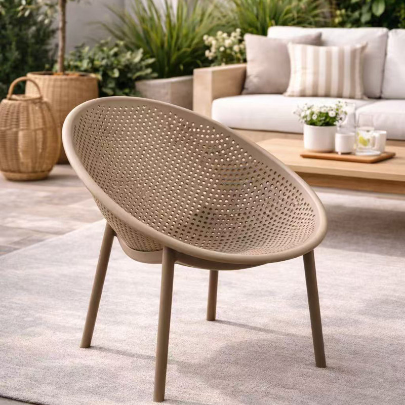 Luxury Glam Organic Modern Weather-Resistant Plastic Indoor Outdoor Side Chairs, Egg-Shaped Accent Lounge Chairs with Perforated Seat Design for Patio, Balcony, Living Room, Sunroom and Poolside, Beige