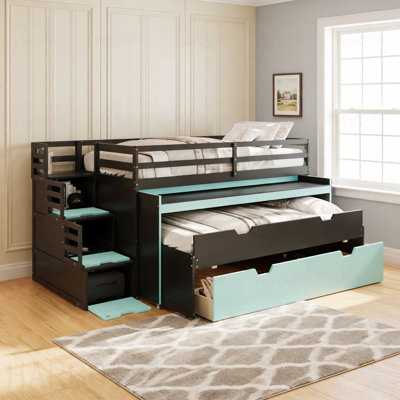 Lit mezzanine simple TG avec bureau coulissant et lit gigogne simple, lit superposé multifonctionnel avec 2 tiroirs de rangement et marches de rangement, jeu de lit et station de travail peu encombrants