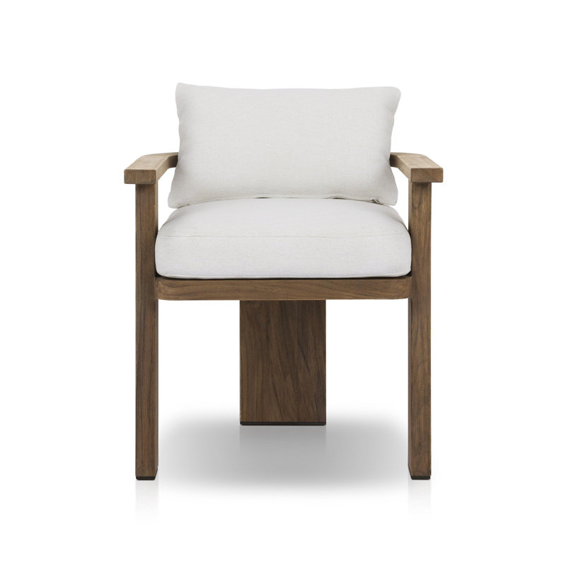 Chaise de salle à manger d'extérieur en teck avec coussins Oscar Brandie, Teinté brun grillé, Lin Alessi