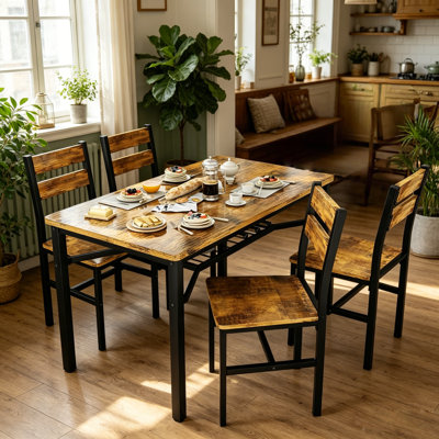 Table de cuisine en bois avec rangement, ensemble de table de salle à manger pour 4 personnes, table de salle à manger avec cadre en métal et panneau de fibres à densité moyenne, pour un petit espace, facile à assembler