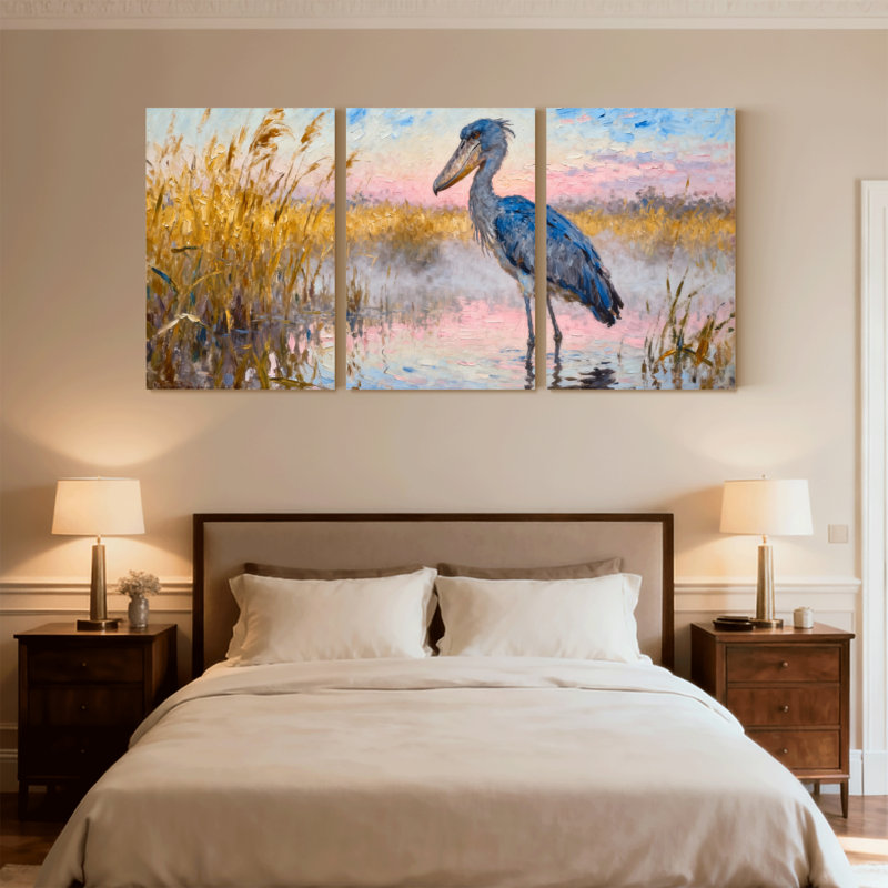 Birds Blue Heron In Golden Reeds At Sunset, ensemble de 3 impressions sur toile, H 30 po x l 60 po