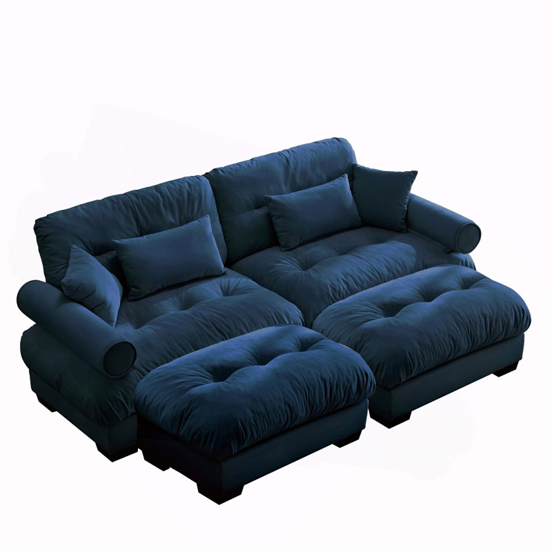 Canapé moderne à 2 places avec 2 repose-pieds et coussins, Bleu