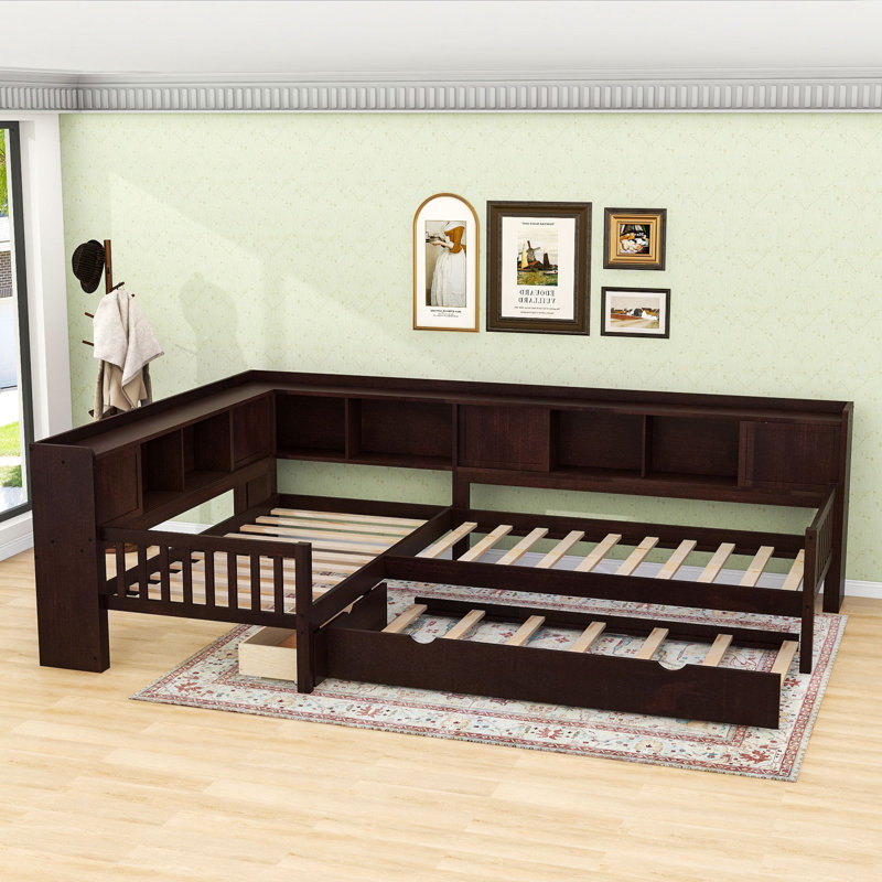 L-Shaped Twin Platform Bed With Twin Trundle And Storage Drawers, Espresso