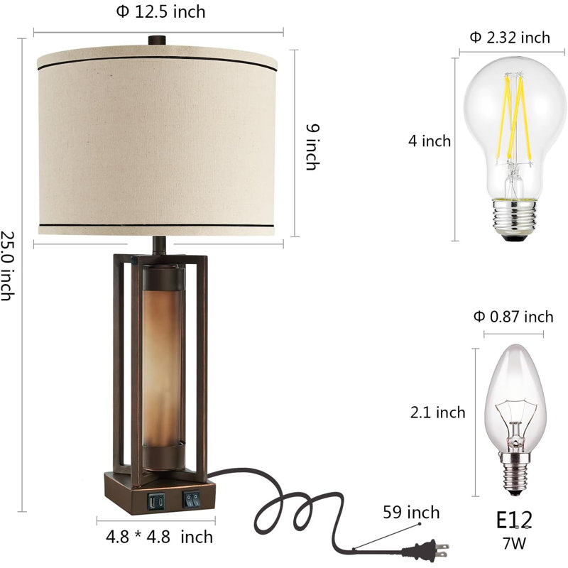 Rustic Brown Metal Table Lamps Set of 2 with Beige Linen Shades and USB Ports