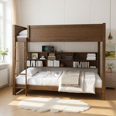 Lit superposé grand en bois massif avec armoires de rangement et ports USB intégrés, conception peu encombrante avec garde-corps, aucun sommier nécessaire