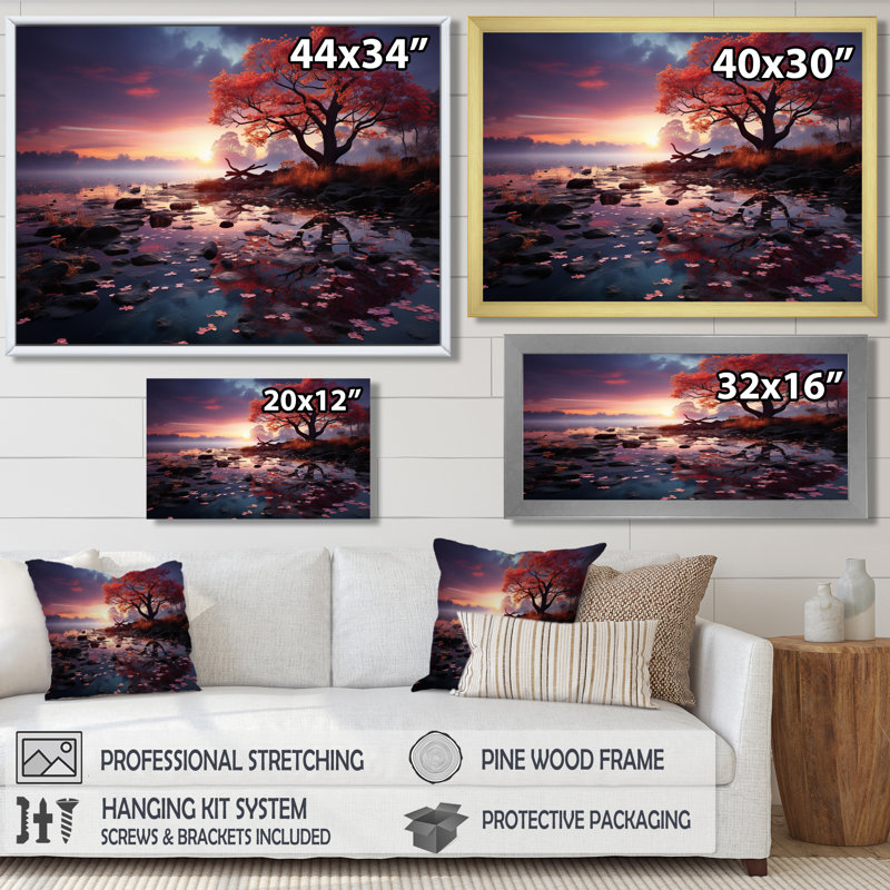 Arbre rouge, soirée enchantée au-dessus du lac - impression d'art mural lac, H 16 po x l 32 po x P 1 po