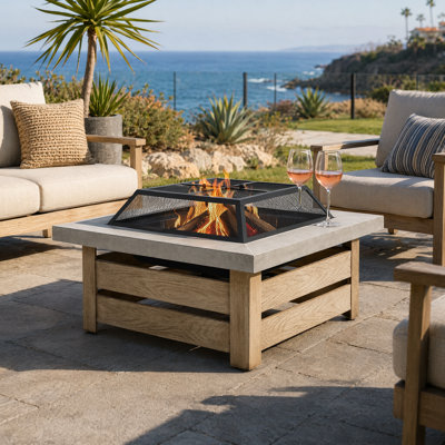 34'' Wood-Burning Steel Fire Pit Table with Spark Screen,Square Outdoor Bonfire Pit