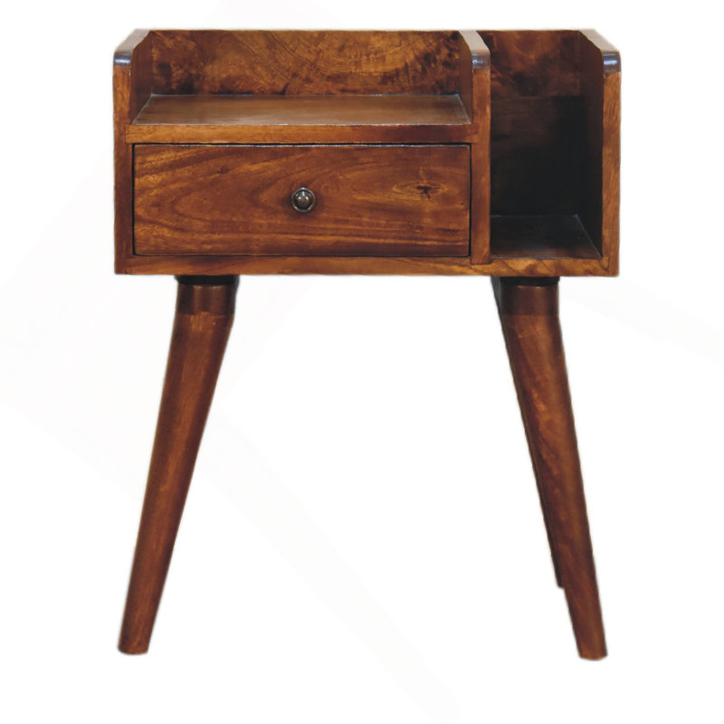 Chestnut Collective Nightstand,1-Drawer, 2 Open-Slots, Nordic Legs, Light Brown