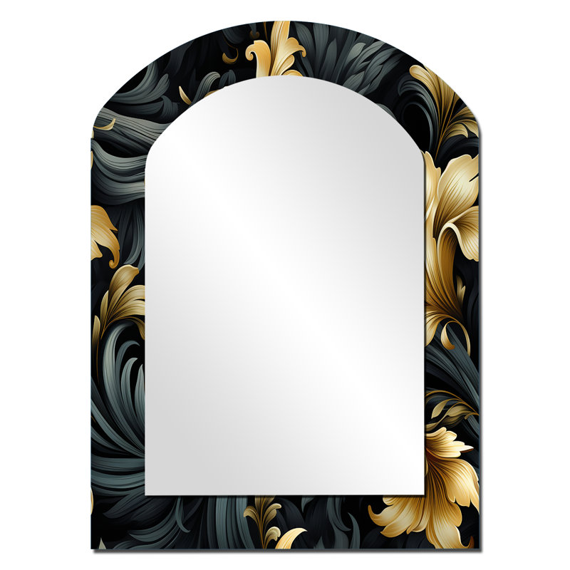 Élégant motif de fleurs ébène et beige - miroir mural à motif cachemire, miroir décoratif asymétrique noir, impression d'art en métal