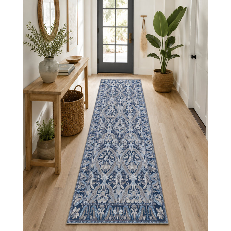 Floral Geometric Washable Woven Base Carpet, Round 4'