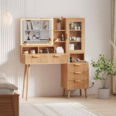 5 Drawer Makeup Vanity Desk With Lights & Power Outlet, Modern Fluted Design, 23.6" HD Lighted Mirror, Solid Wood Legs