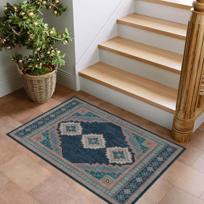 2x3 Ft Area Rug - Washable Thin Kitchen Rug Indoor Vintage Doormat With Non-Slip Backing - Soft Rug For Entryway, Bedroom, Kitchen, Bathroom Navy Green