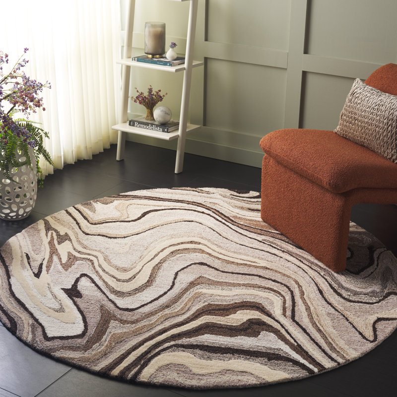 Jamario Hand Tufted Wool Cotton Abstract Rug in Brown/Ivory, Round 6'