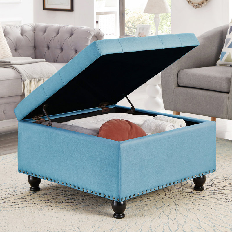 Grand repose-pieds de rangement carré avec pieds en bois, Bleu