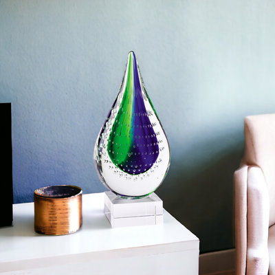 Mitford 11" Clear Blue and Green Murano Glass Modern Abstract Tabletop Sculpture