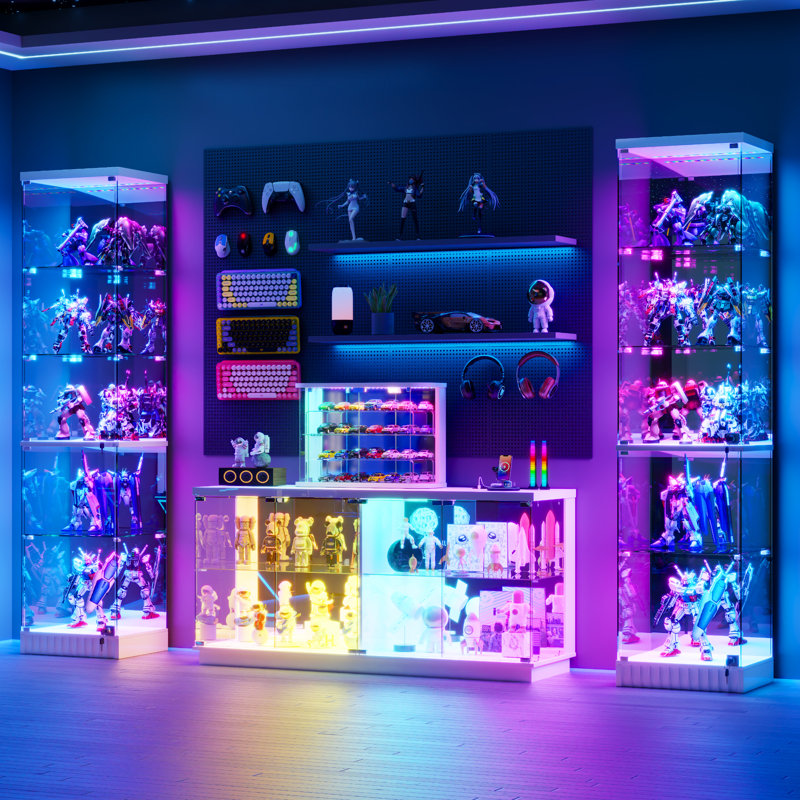 120cm Wide Display Cabinet with Glass Doors, RGB Lighting & Power Socket, Glass Curio Cabinet, White