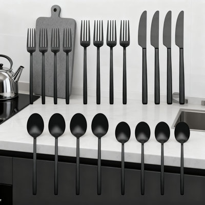 20-Piece Flatware Set In Satin Black, 18/0 Stainless Steel For Durability And Rust Resistance, Dishwasher Safe With Limited Lifetime Warranty