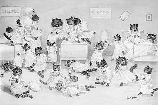 Reproduction d’art graphique, "chats dans le dortoir", H 28 po x l 42 po x P 1,5 po