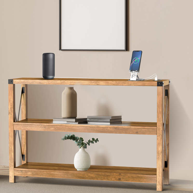 Console Darletha avec tablettes de rangement à 3 niveaux, H 31,5 po x l 47,2 po x P 11,8 po, Chêne rustique