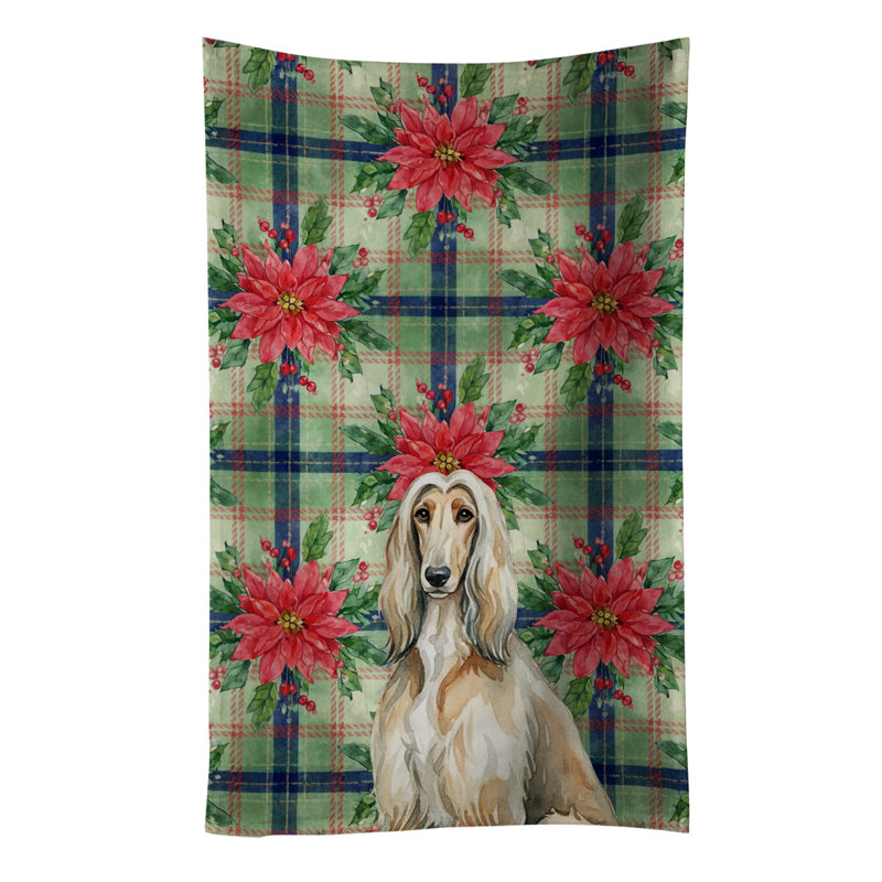 Afghan Hound Christmas PoinsettIas Kitchen Towel, Tan/White Afghan Hound