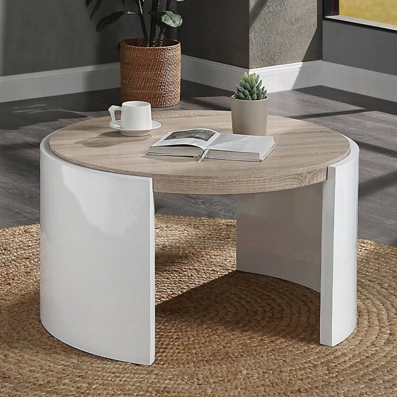 Table basse élégante et pratique en chêne blanc lustré avec base à 1 tiroir