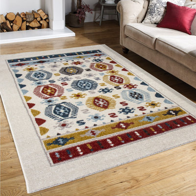 Tapis marocain tissé à la machine en polypropylène crème / bleu / rouge