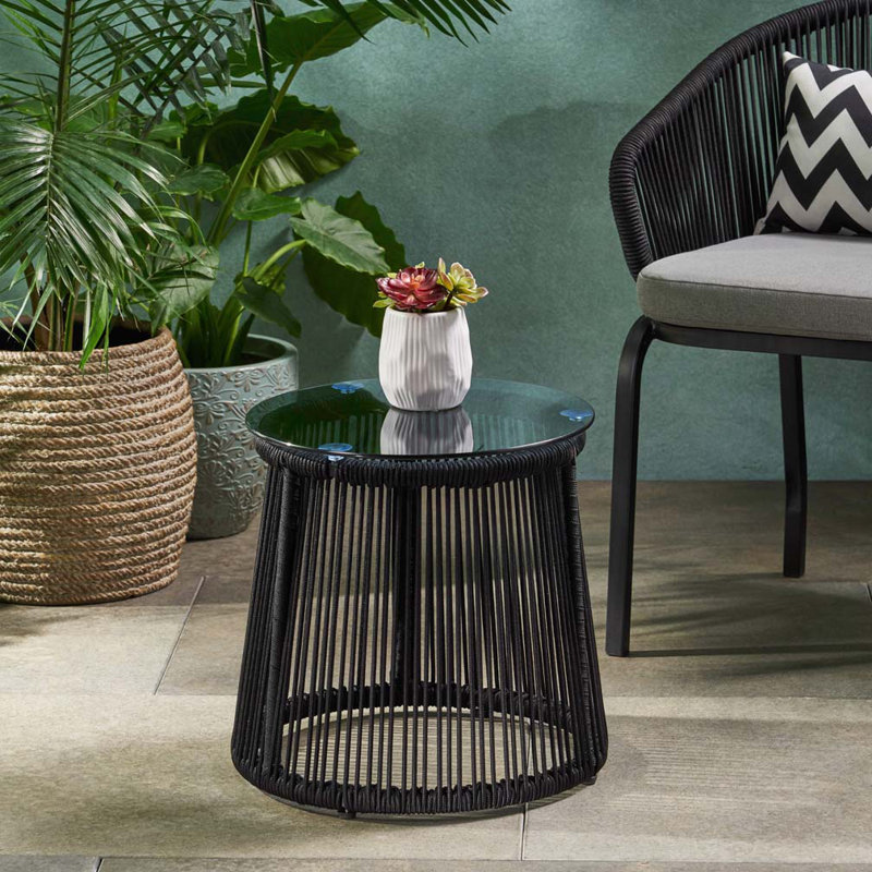 Table d'appoint de patio avec plateau en verre, corde tissée, Noir