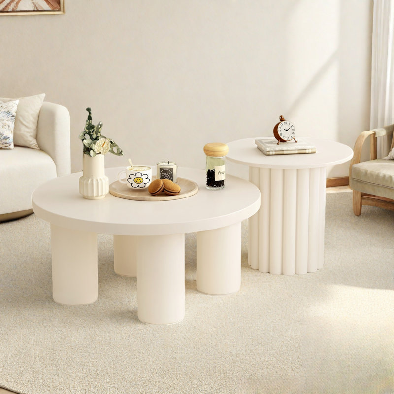 Modern Coffee Table Set Of 2, Round Coffee Table With Cylindrical Leg Design And 1 End Table