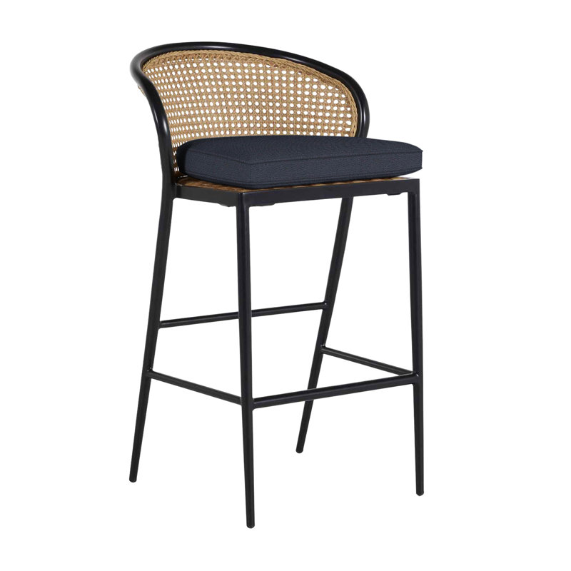 Havana 23.63 Patio Bar Stool with Cushion, Welt, Chalk/Natural Cane, Intermix Indigo