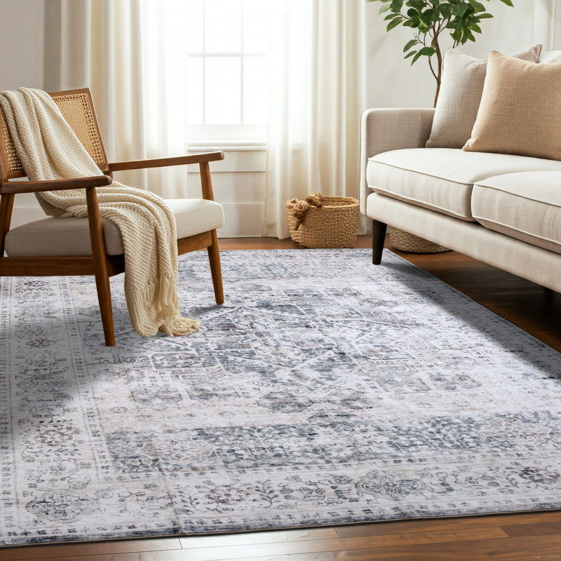 Winston Porter Grey/Soft Taupe Machine Washable Area Rug – Non-Slip, Stain Resistant, GRS Certified, for Bedroom, Living & Dining