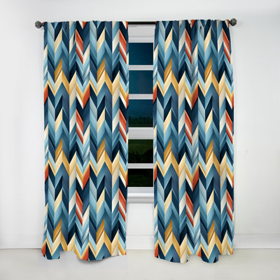 Blue And Golden Geometric Chevron - Abstract Geometric Curtain - Velvet Room Darkening - 1 Panel