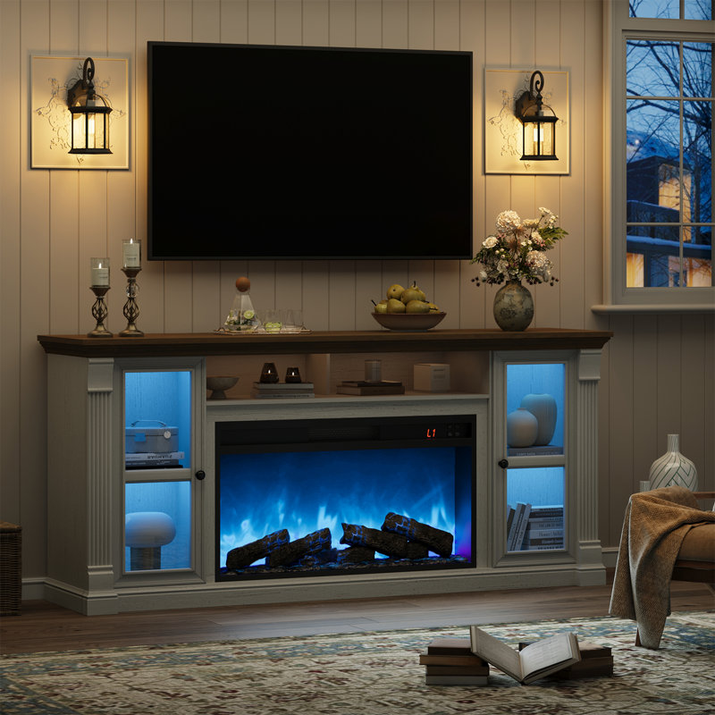 70" Farmhouse Fireplace TV Stand for 80" TVs, Electric Fireplace Entertainment Center with LED Lights, Adjustable Shelves Media Console for Living Room