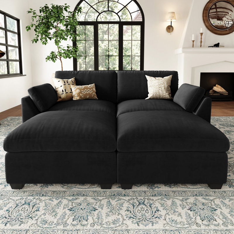 Velvet & Wide Short Plush Soft Modular Sofa Bed Apartment Sofa With Detachable Cushion Cover, Black Velvet