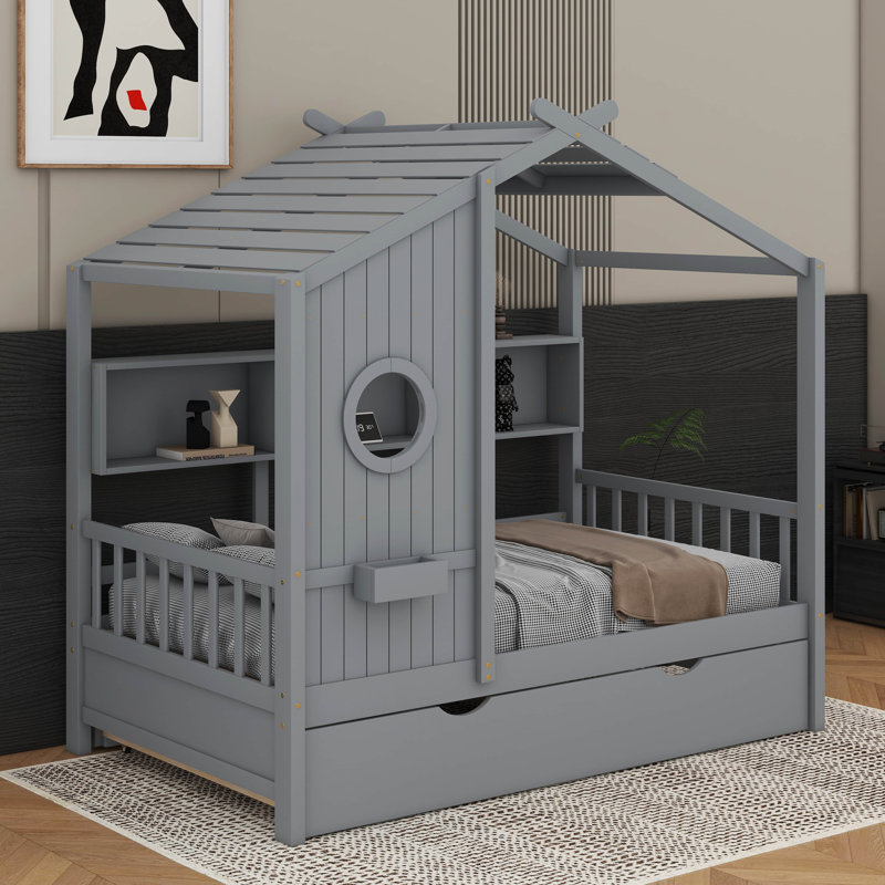 Lit maison avec lit gigogne et tablette de rangement, Gris, Lit simple