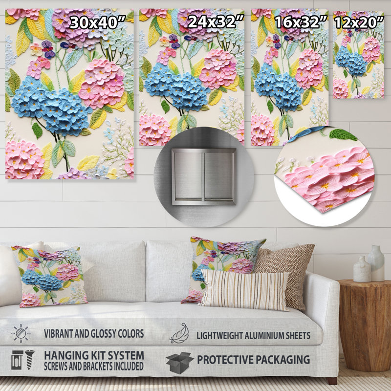 Fleurs d'hortensia bleu pastel vibrant - rose, Sans cadre, métal, H 20 po x l 12 po