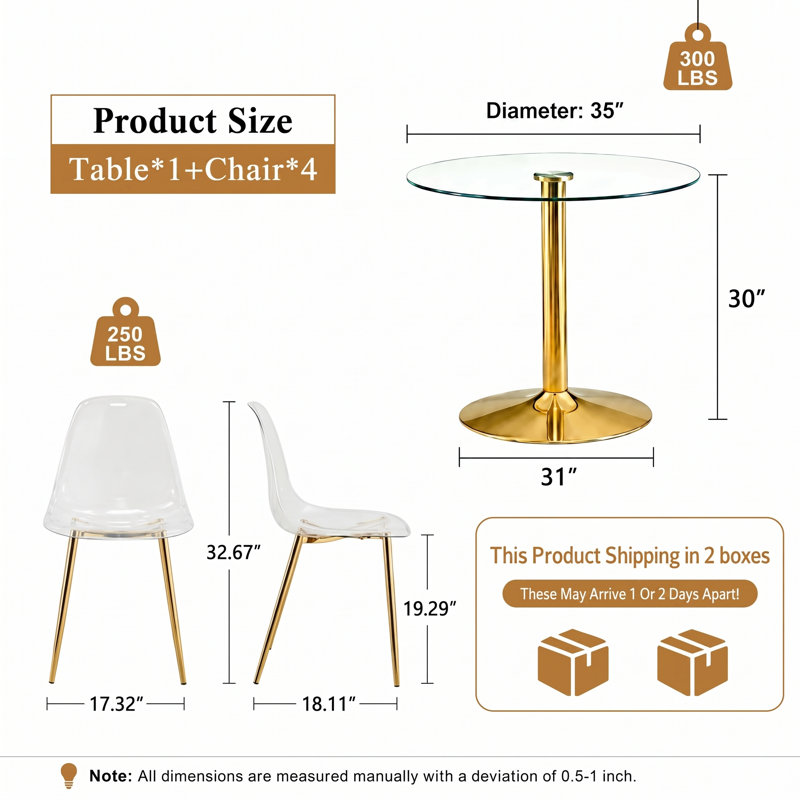 Modern Glam Tempered Glass 5-Piece Dining Set for Small Area, 30" H x 35" W x 35" D, Clear/Gold
