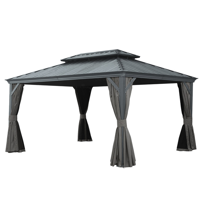 12' X 14' Hardtop Gazebo, Upgraded Metal Gazebo With Drainage System, Dual-Layer Galvanized Steel Roof, Curtain And Netting, Outdoor Shelter Canopy For Patio, Garden, And Backyard, Grey