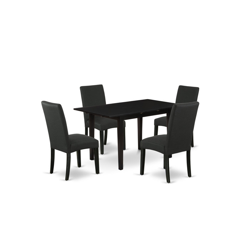 Cet ensemble de table de salle à manger 5 pièces comprend une table de salle à manger rectangulaire avec une rallonge papillon et 4 chaises Parson en tissu de couleur noire, noir