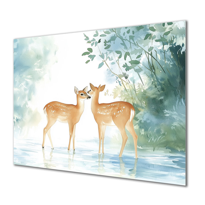 Deer par la rivière II - animaux, impression murale en métal, H 12 po x l 20 po