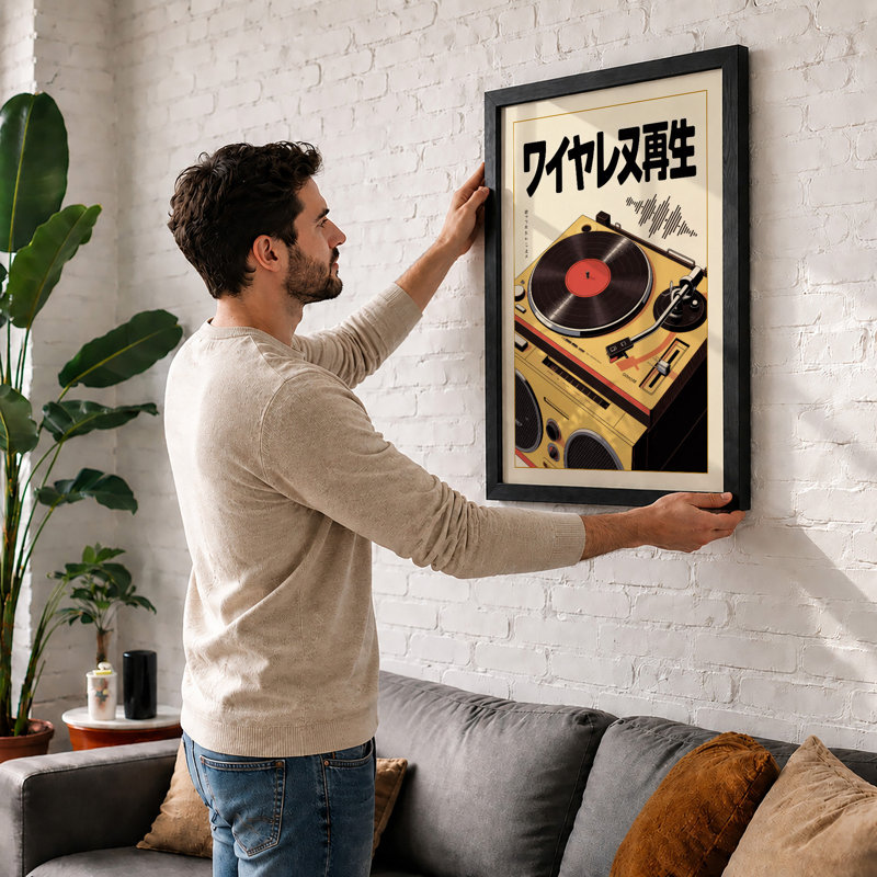Wireless Vinyl Retro - Framed Print, Oak, A4 - 29.7 x 21.0 cm