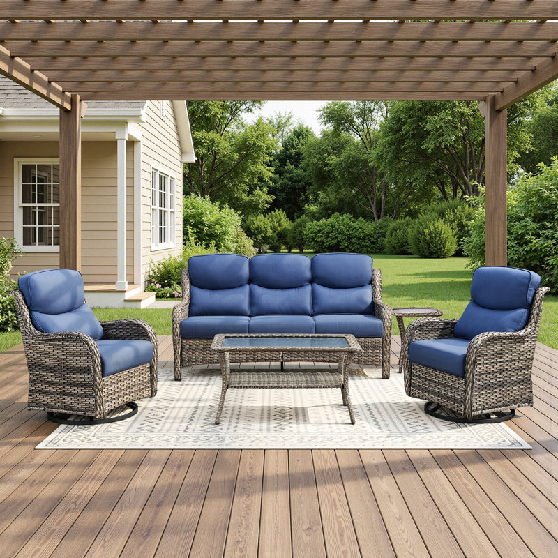 Ensemble 5 pièces de canapé de patio et de chaises pivotantes en osier avec table basse, Gris, Bleu