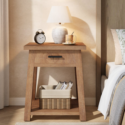 Nightstand with Drawer, Rustic Side Table with Open Shelf