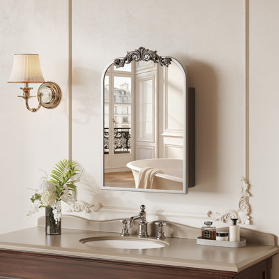 16"x24" Vintage Arched Medicine Cabinet with Mirror, Wall Mounted Bathroom Storage with Recessed/Surface Mount Options, Baroque Retro Design, Black Metal Frame