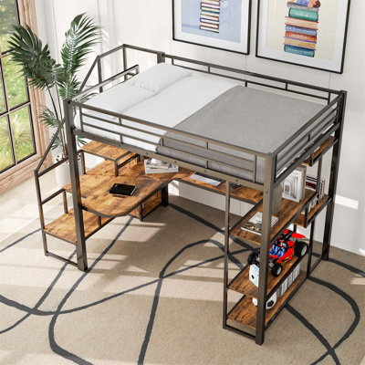Full-Size Metal Loft Bed with Integrated Storage Staircase, Wardrobe, Built-in Desk, and Storage Shelves for Optimal Space Utilization