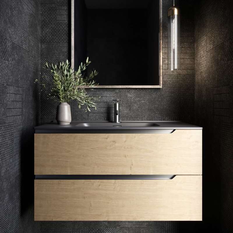 Duo 24" Single Vanity With Integrated Ceramic Top, Blonde Wood, Black, 40"