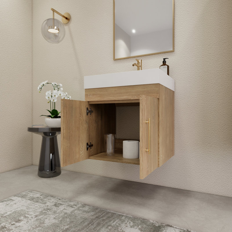 23.6" Wall-Mounted Single Bathroom Vanity Set, Oak