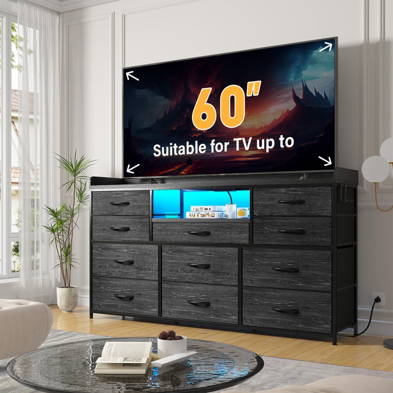 11-Drawer Dresser TV Stand with LED Lights & Power Outlets - Bedroom Media Console, Fabric Drawers & Hooks, Black