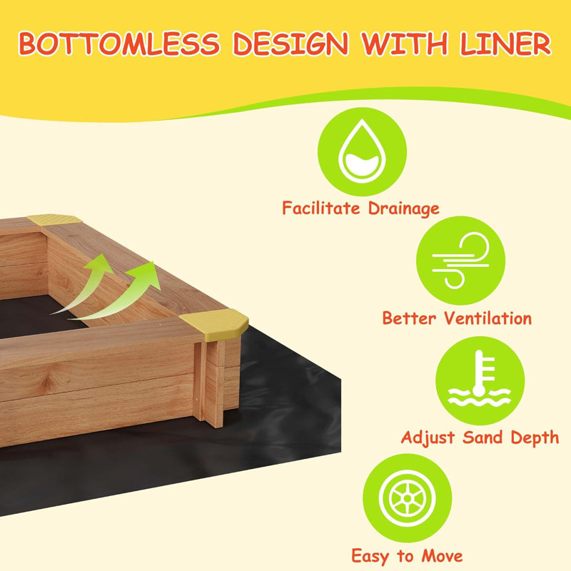 Wooden Sandbox With 2 Plastic Boxes, Outdoor Sand Box With Bottom Liner, Adjustable Height & Rotatable Canopy, Anti-Collision Design