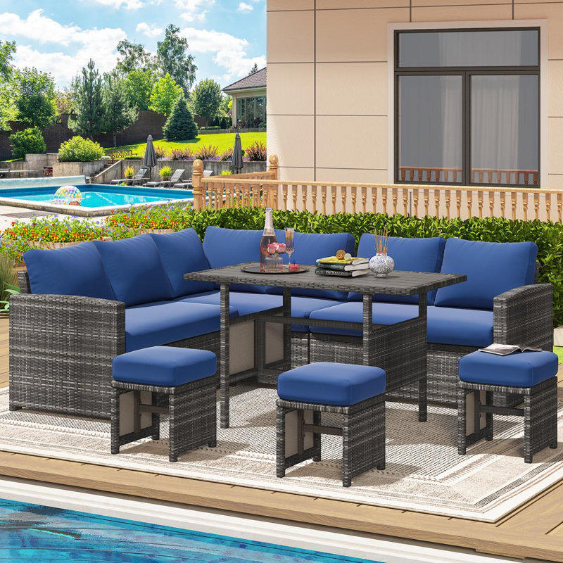 7 Pieces Patio Furniture Set With 43" Fire Pit Table, Dark Blue Cushion/Gray Frame