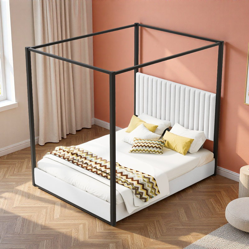 Lit plateforme à baldaquin avec tête de lit tapissier et structure en métal Upholstery, Blanc/Noir